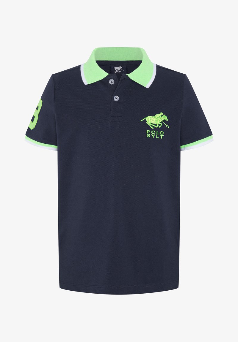 Marinefarbener Poloshirt mit grünem Kragen und Akzenten. Verfügt über drei Knöpfe, Logo und die Nummer 8 in neon-grüner Stickerei. Baumwollmaterial.