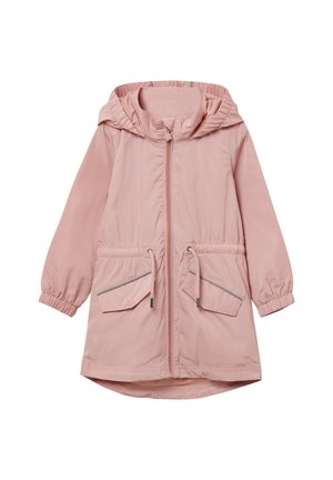 Roze lichtgewicht jack met capuchon, ritssluiting aan de voorkant, elastische manchetten, trekkoord in de taille en twee voorzakken met contrasterende bies.