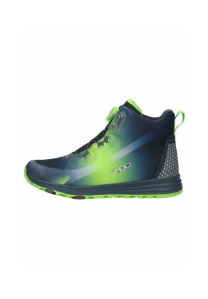 High-top sports shoe with gradient neon green to dark blue color, VADO logo, dial lace closure, and neon green sole and lining.