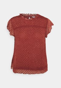 Top corto de manga corta rojo, hecho de tela transparente con un patrón de puntos texturizados, con un escote rizado y cierre de llave en la parte posterior.