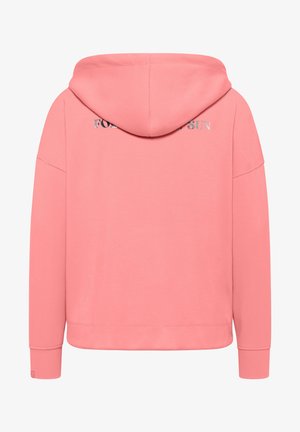 Pink hoodie featuring a drawstring hood, relaxed fit, and "FOR THE SUN" embroidered on the back. Soft material with ribbed cuffs.