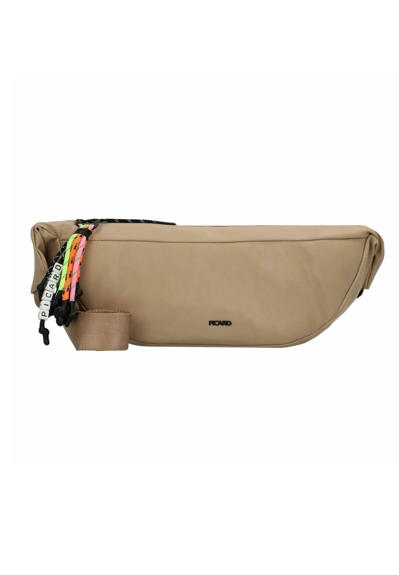 Beige, soft-textured bag with a zipper, featuring colorful tassels and a detachable strap. No visible branding except for subtle logo.