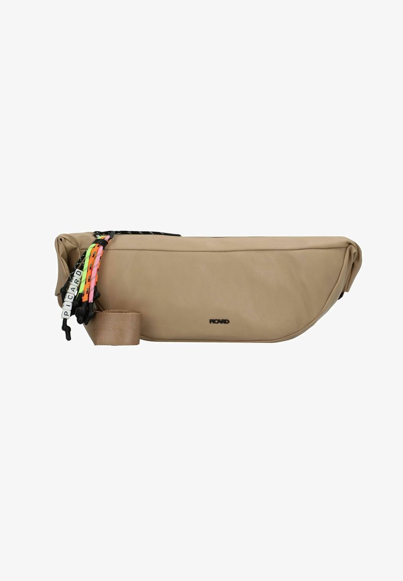 Beige, soft-textured bag with a zipper, featuring colorful tassels and a detachable strap. No visible branding except for subtle logo.