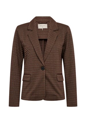 Bruine en zwarte geruite blazer met lange mouwen, enkele zwarte knoopsluiting, ingezette revers en twee voorzakken met klep.