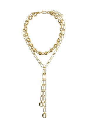 Gold chain necklace featuring layered links in varying shapes, with a Y-drop design ending in round accents. Smooth texture, shiny finish.