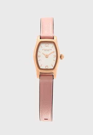 Reloj rectangular de oro rosa con correa de cuero rosa, esfera blanca y marcadores numéricos mínimos que muestran la hora 2:10.