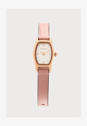 Reloj rectangular de oro rosa con correa de cuero rosa, esfera blanca y marcadores numéricos mínimos que muestran la hora 2:10.