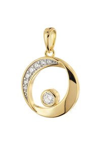 Goldener runder Anhänger mit einem Wirbelmuster, das eine Reihe kleiner Diamanten und einen größeren runden Diamanten in der Mitte enthält.