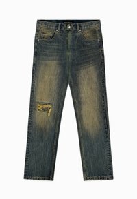 Vervaagde blauwe denim jeans met een rechte pasvorm, met een versleten gebied met franjeranden op de linker bovenbeen en een subtiele kleurverloop.