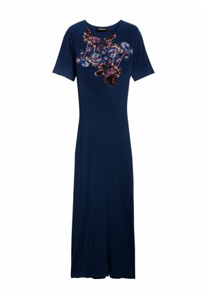 Navyblaues Kleid mit kurzen Ärmeln, gerippter Textur und floralen Stickereien in lebhaften Farben auf der Brust. Ausgestellter Saum.