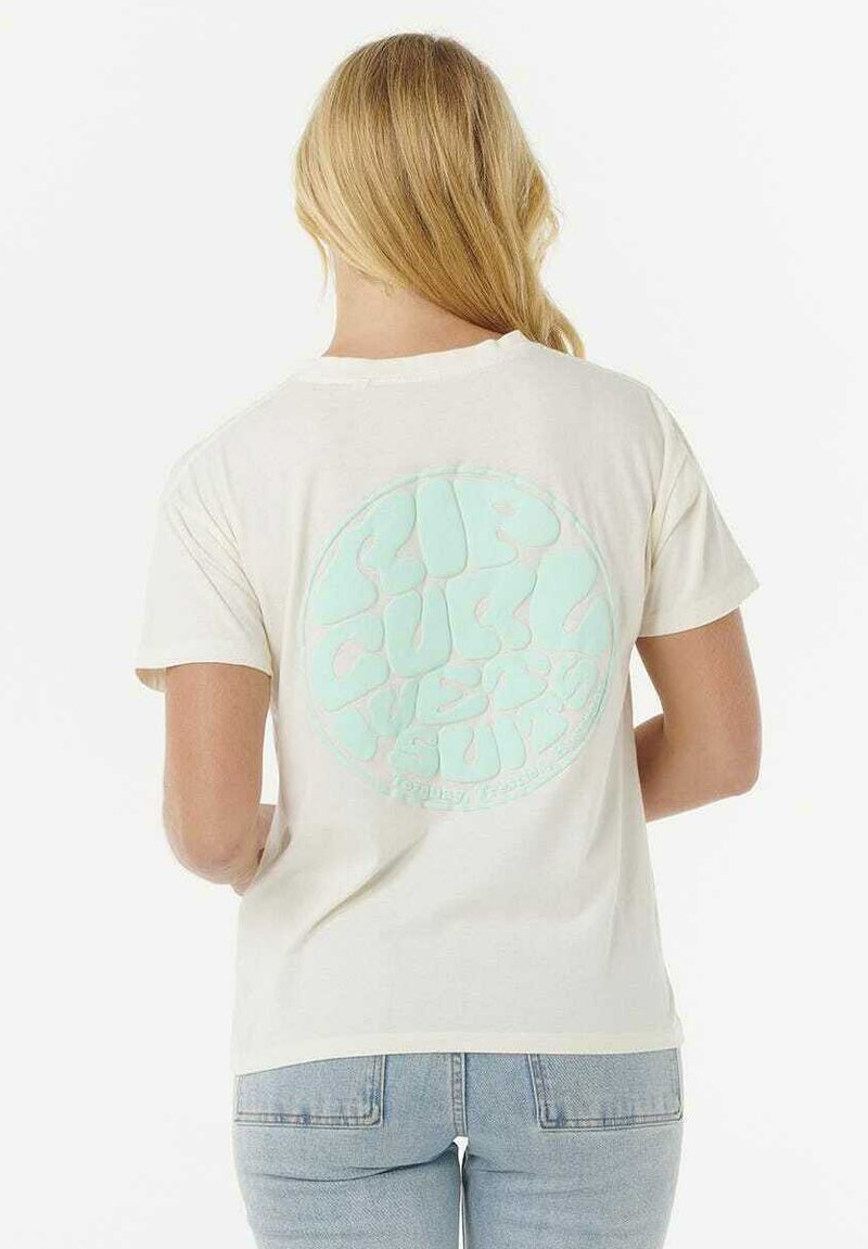 T-shirt bianco in cotone con un grande graphic circolare verde menta sul retro con il testo "Rip Curl" in un carattere giocoso. Maniche corte.
