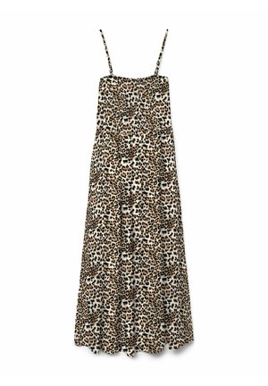 Maxi šaty s leopardím potiskem a tenkými ramínky, se smockovaným živůtkem a splývavou sukní, v béžových a hnědých tónech. Měkká textilie.
