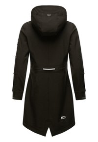Black coat with a hood, made of smooth fabric. Features a belted waist, side pockets, and reflective detailing on the cuffs.