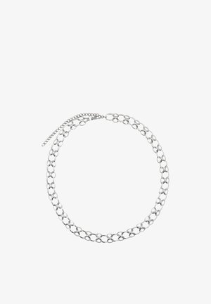 Silberne Halskette mit ovalen und runden Gliedern, ausgestattet mit einem verstellbaren Verschluss und Verlängerungskette, auf weißem Hintergrund.