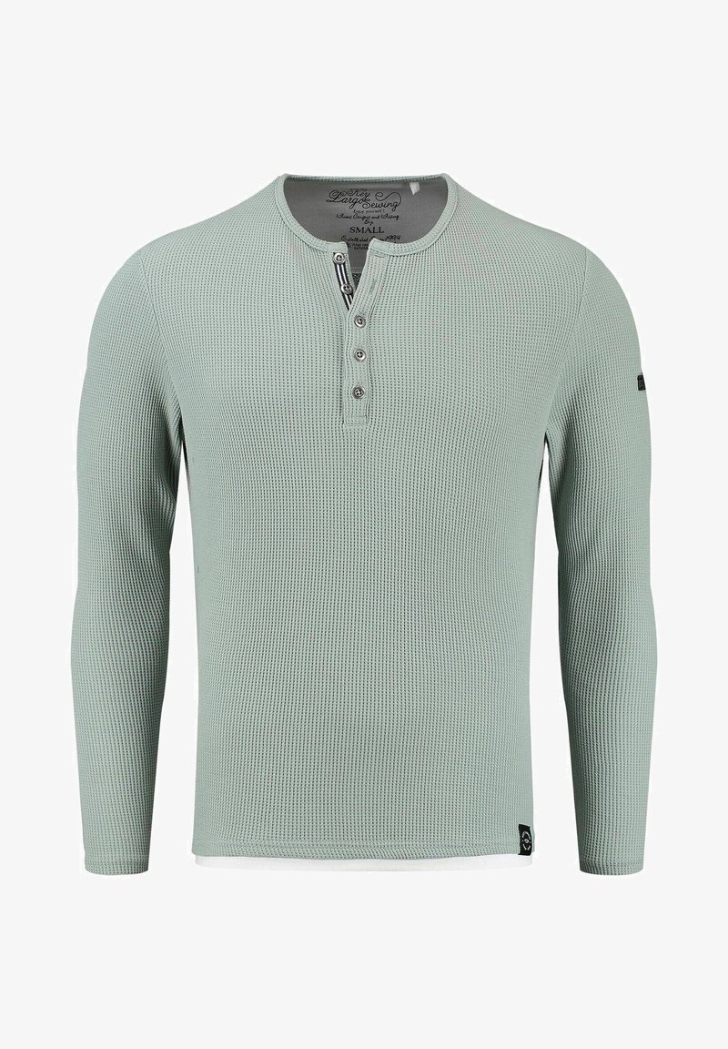 Hellgrünes Langarm-Henley-Shirt mit gerippter Textur, dreiknöpfiger Knopfleiste und schwarzem Akzent am Saum. Weicher Stoff. Größe S.