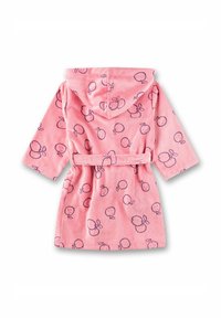 Hooded roze badjas van pluche stof, met een herhaald patroon van kleine paarse fruitontwerpen. Inclusief een strikceintuur en lange mouwen.