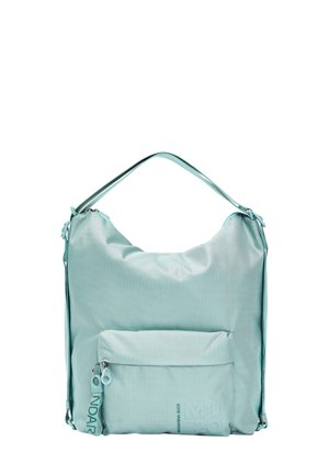 Borsa in tessuto verde menta con una superficie morbida e testurizzata, una struttura curvata e una tasca frontale con zip che presenta un dettaglio del logo.
