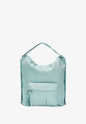 Borsa in tessuto verde menta con una superficie morbida e testurizzata, una struttura curvata e una tasca frontale con zip che presenta un dettaglio del logo.