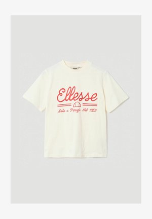 Witte katoenen t-shirt met korte mouwen, met daarop de rode "Ellesse" logo tekst en afbeelding, en "Nato a Perugia Nel 1959" eronder afgedrukt.