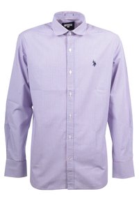 Men's long-sleeve button-up shirt with purple and red check pattern, spread collar, and dark embroidered logo on left chest.