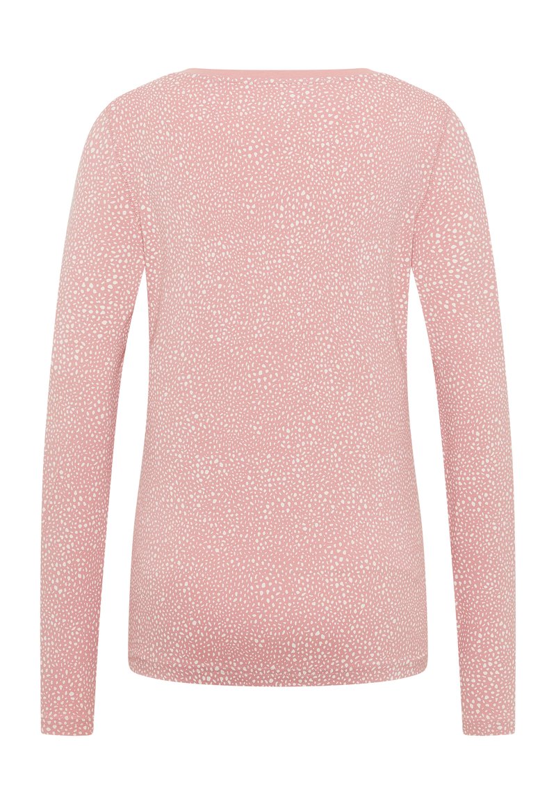 Långärmad topp i mjuk rosa tyg med ett texturerat vitt prickmönster; har rund halsringning och åtsittande silhuett.
