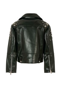 Giacca cropped in pelle nera con decorazioni di stelle argentate e borchie sulle spalle, dettagli con zip sulle maniche e tasche frontali piatte.