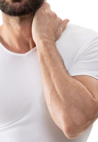 White short-sleeve shirt fitted to the body, highlighting muscular arms. Skin tone is tan with visible veins and texture on the arm.