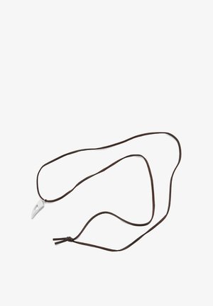 Silver-colored pendant in a bird claw shape on a brown leather cord. Cord features an adjustable knot for length customization.