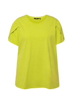 Limetkově zelené tričko s krátkým rukávem vyrobené z bavlny, kulatý výstřih a design s nabíranými rameny. Hladká textura, uvolněný střih.