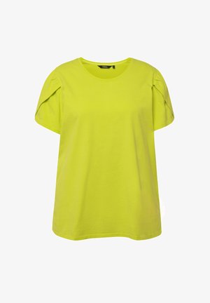 Limegrünes T-Shirt mit kurzen Ärmeln aus Baumwolle, Rundhalsausschnitt und Puffärmel-Design. Glatte Textur, lockere Passform.