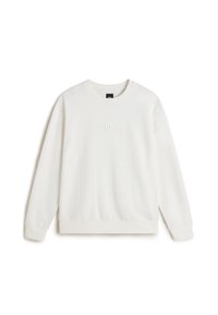 Sweat-shirt blanc à manches longues avec col rond, brodé du mot "vans." en blanc sur la poitrine, posé à plat sur un fond blanc.