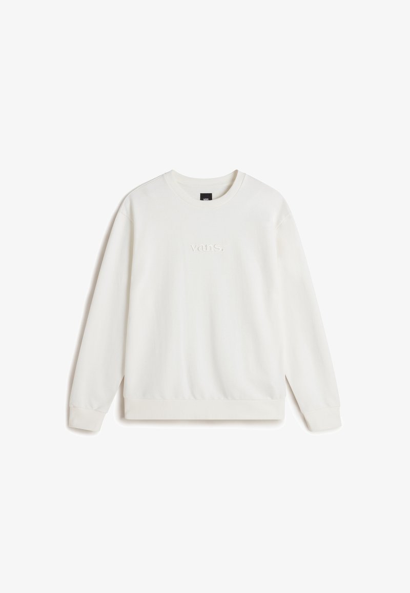 Sweat-shirt blanc à manches longues avec col rond, brodé du mot "vans." en blanc sur la poitrine, posé à plat sur un fond blanc.