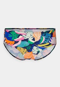 Calções de banho multicoloridos com um padrão de folhas tropicais sobre um fundo azul marinho, feitos de um tecido suave e elástico.