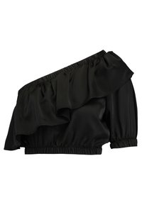 Svart blus utan axlar i mjukt tyg, med volangdetaljer och elastisk nederkant samt puffärmar.