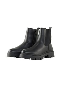 Bottines noires en cuir avec une semelle épaisse, dotées d'une fermeture éclair latérale et de panneaux élastiques pour un enfilage facile. Semelle extérieure en caoutchouc texturé.