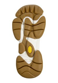 Schuhsohle mit braunem Gummiaußenmaterial und weißer Zwischensohle. Verfügt über strukturierte Muster für besseren Halt, einschließlich eines auffälligen gelben Logos und geschwungener Linien.