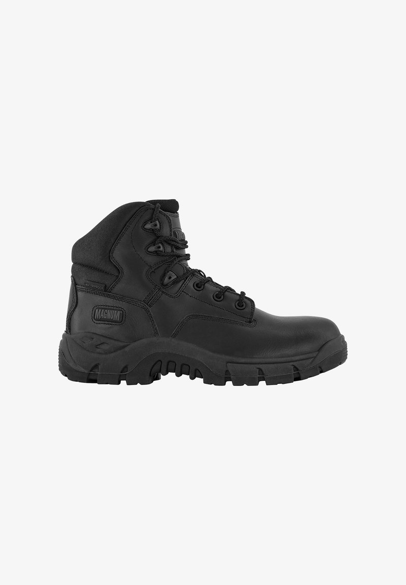 Black leather tactical boot features a high-top design, rugged rubber sole, lace-up front, and waterproof detailing with a logo on the side.
