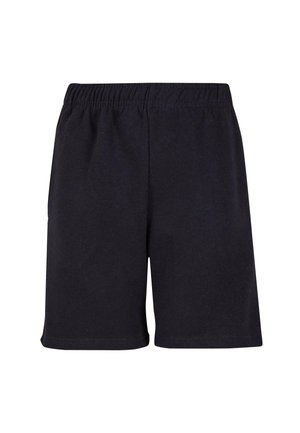 Pantaloni shorts in cotone nero con una cintura elastica, caratterizzati da un design semplice e una superficie liscia. Nessuna tasca o decorazione visibile.