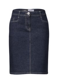 Mörk jeanskjol i blyertsstil med ljusa sömmar, en framficka och en enda knappstängning i midjan. Tyget har en mjuk och stadig textur.