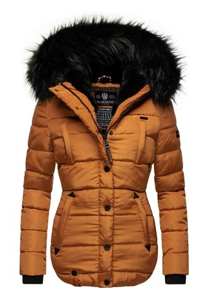 Orange puffer jacket with a black faux fur-lined hood, quilted design, front button closure, two side pockets, and ribbed cuffs.