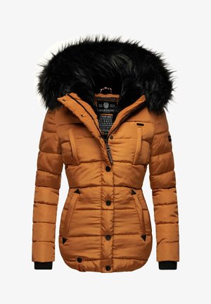 Orange puffer jacket with a black faux fur-lined hood, quilted design, front button closure, two side pockets, and ribbed cuffs.