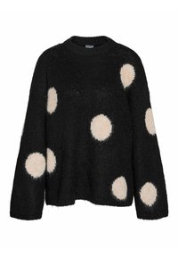 Suéter negro con cuello redondo, adornado con grandes lunares beige, fabricado en un material texturizado y esponjoso. Diseño de corte holgado con mangas largas.