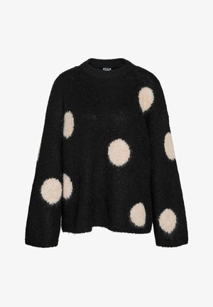 Black sweater with a round neckline, featuring large beige polka dots, made from a textured, fuzzy material. Loose-fit design with long sleeves.