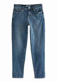Jean en denim bleu foncé avec un design classique à cinq poches, une coupe droite et des détails de décoloration subtils sur le tissu.