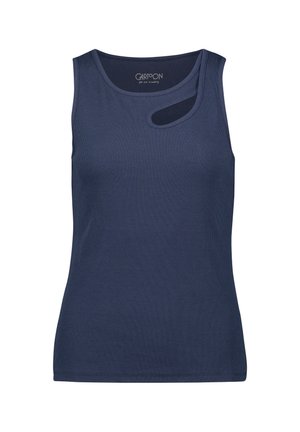 Navyblaues ärmelloses geripptes Tanktop mit einem einzigartigen asymmetrischen Ausschnitt in der Nähe des Halsausschnitts.