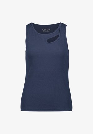 Marineblauw mouwloos geribbeld tanktopje met een unieke asymmetrische uitsnede nabij de halslijn.