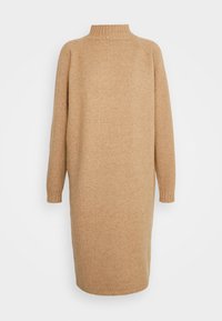 Beige lange sweaterjurk met geribde opstaande kraag en manchetten, met een rechte, ontspannen pasvorm en lange mouwen.