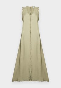 Beżowa sukienka bez rękawów z głębokim dekoltem w kształcie litery V, centralnym szwem oraz frędzlami na ramionach i u dołu. Gładki, lekki materiał.