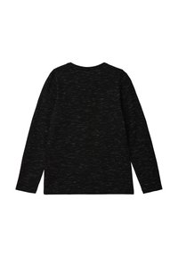 Maglietta nera a manica lunga con un design a maglia testurizzata e leggere macchie chiare. Collo rotondo e orlo dritto. Senza loghi visibili.