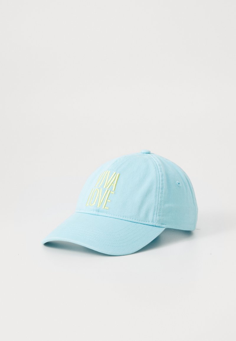 Light blue baseball cap with a curved brim and embroidered "VIVA LOVE" in yellow. Made of cotton, featuring a textured fabric and six-panel design.